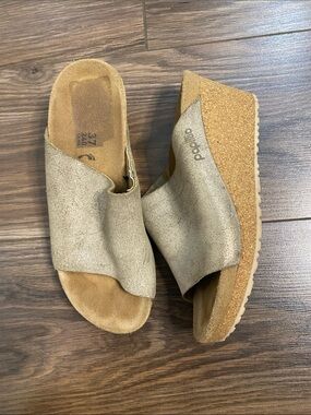 Papillio Metallic Rose Gold Cork Wedge Slide Sandals